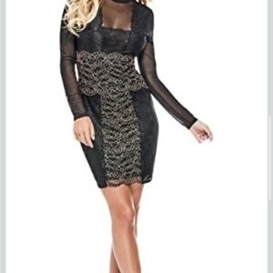 GUESS Elegant Black and Gold Jojo Lace and Mesh Long Sleeve Dress